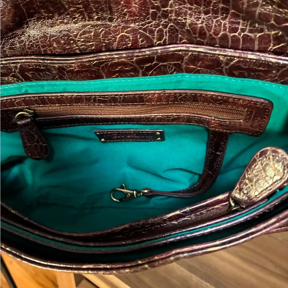 Kate Landry Leather Croc-Embossed Shoulder Bag Burgundy Brass Teal interior - Picture 10 of 17